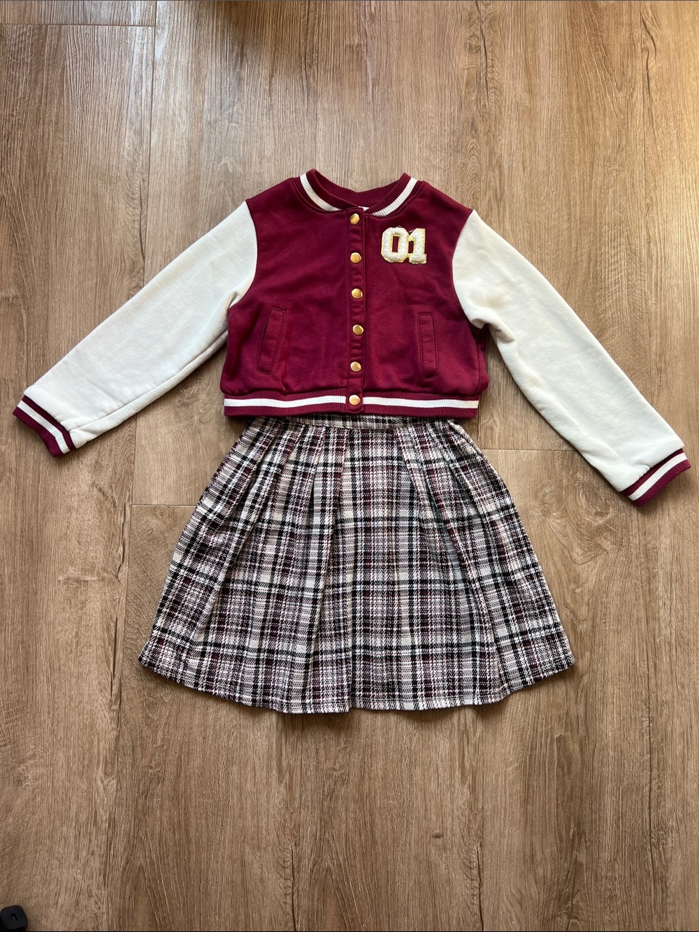 Little Lass Girls Ribbed Top Dress with Plaid Pleated Skirt & Jacket Size 7/8